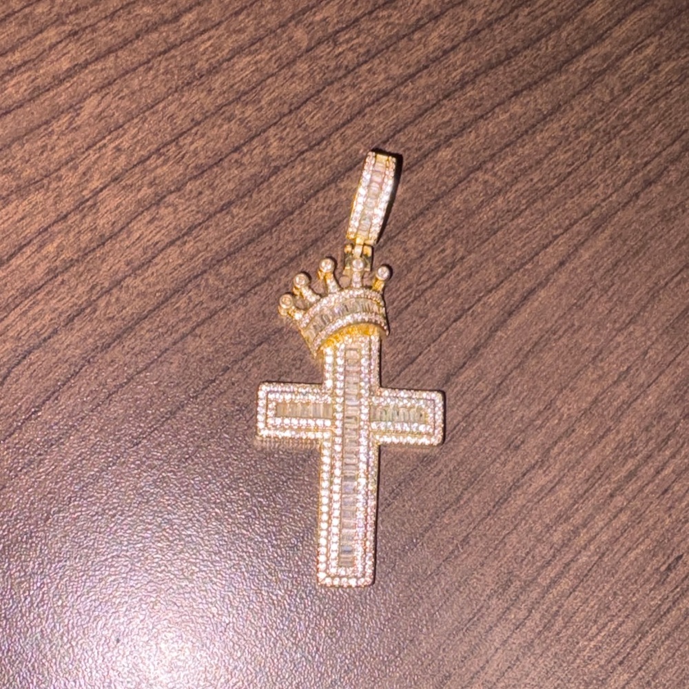 Gold toned  Cross Pendant with Crown and stones